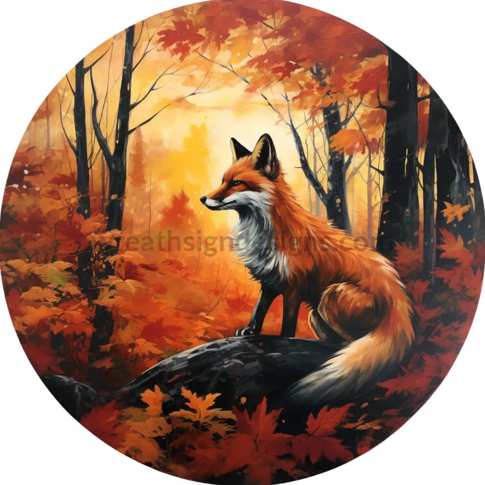 Autumn Red Fox Circle Metal Wreath Sign 6