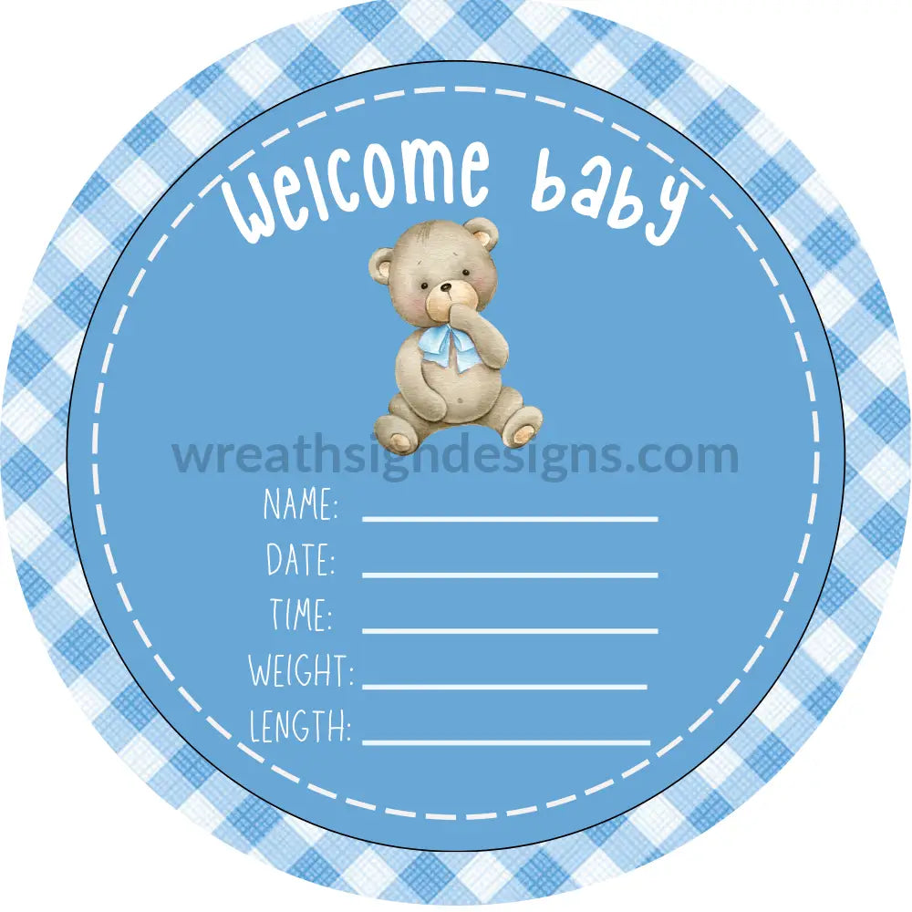 Baby Boy Welcome Bear Metal Birth Announcement Wreath Sign 8