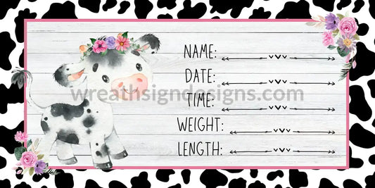 Baby Cow Birth Announcements- Pink And White Wood- Metal Wreath Sign