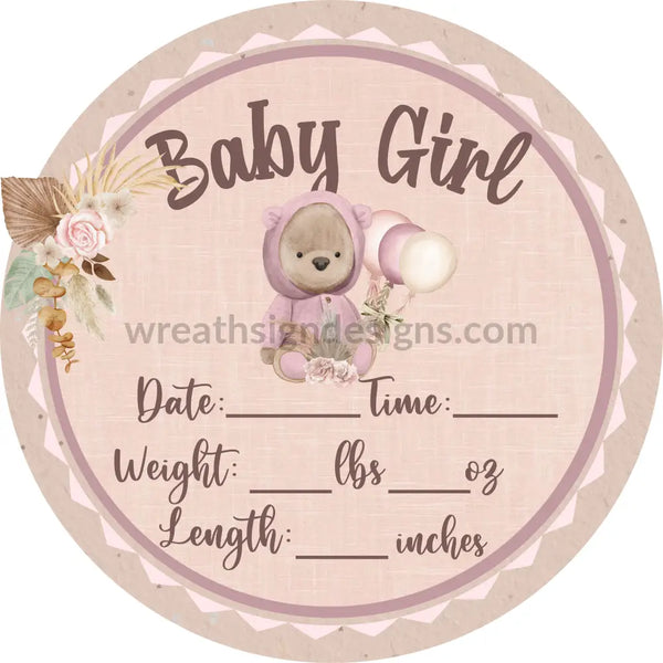 Baby Girl Boho Pink Teddy Bear- Metal Wreath Sign 8