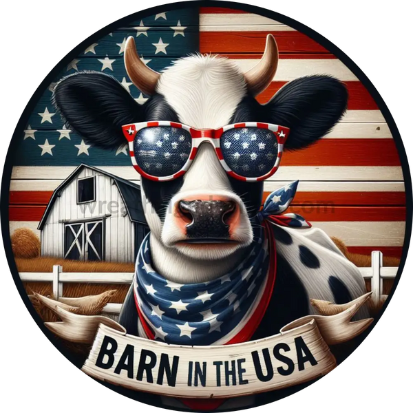 Barn In The Usa Patriotic Black And White Cow Wreath Metal Sign 6’