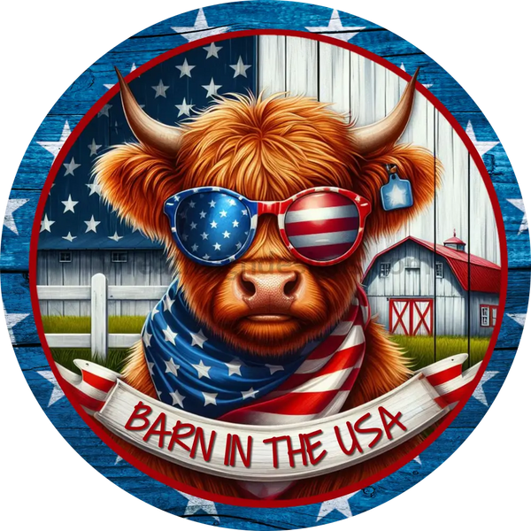 Barn In The Usa Patriotic Cow Wreath Metal Sign 8’