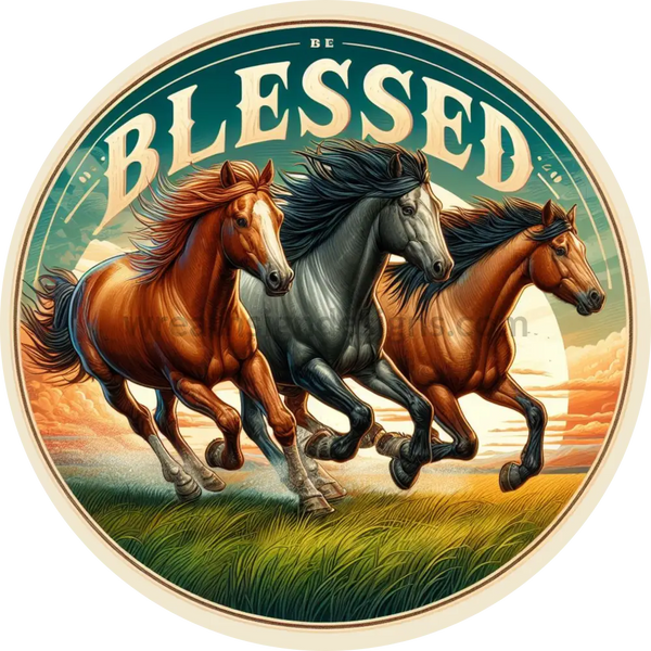 Be Blessed Running Horses Metal Wreath Sign