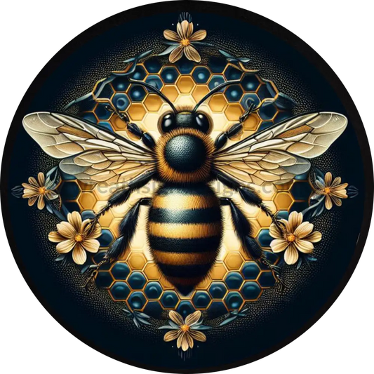 Bee On Black Honeycomb - Circle Metal Sign 6”