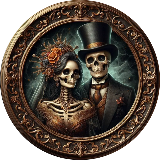 Black And Gold Skeleton Couple Bride Groom Halloween Wreath Sign Metal