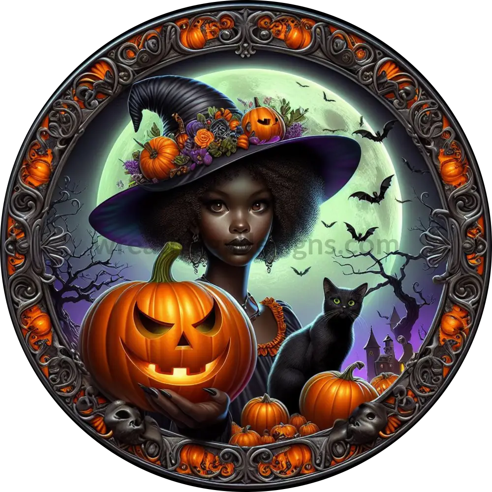 Black And Orange Witch With Cat Metal Halloween Wreath Sign 6’