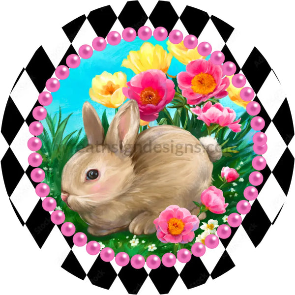 Black And White Harlequin Easter Bunny Round- Metal Wreath Sign 8