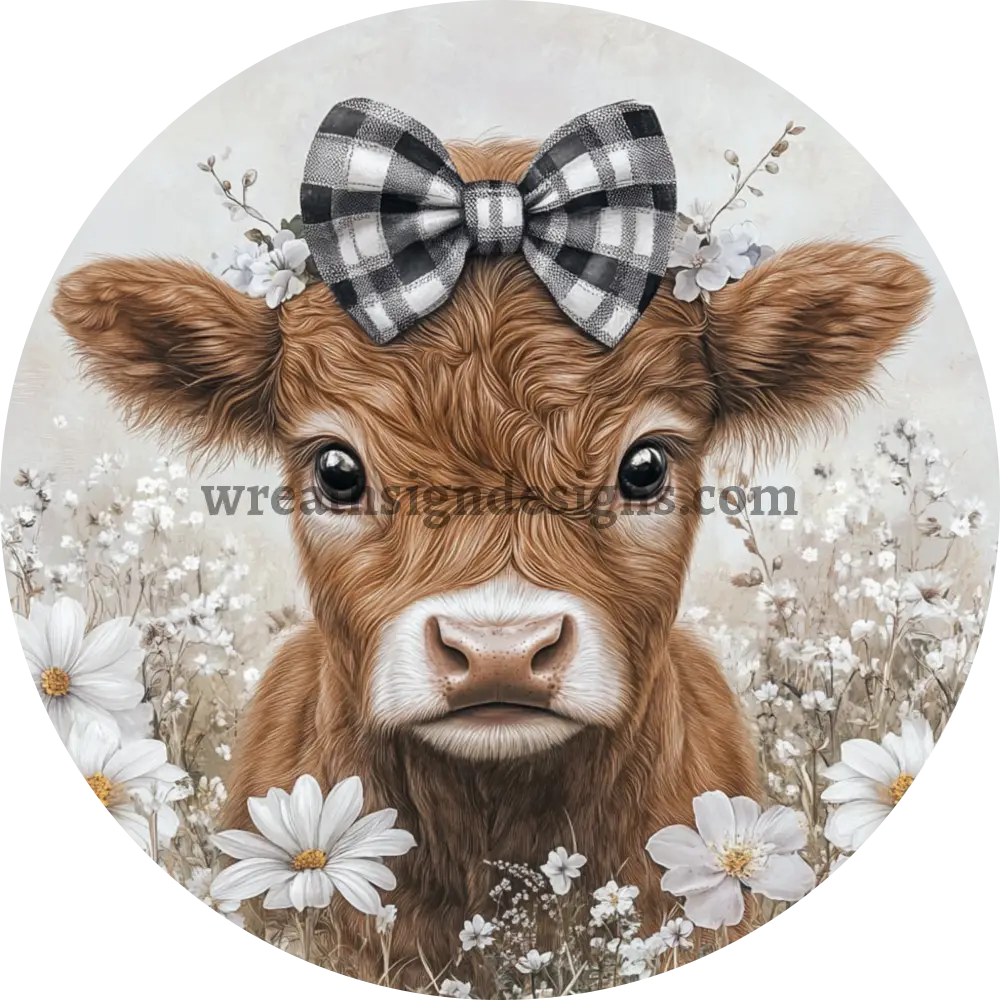 Black And White Plaid Highland Cow- Metal Wreath Sign