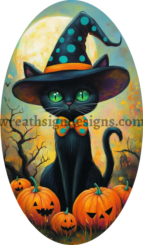 BLack cat and jack o lantern oval 7x12 OVal Metal Wreath Sign MS-1275