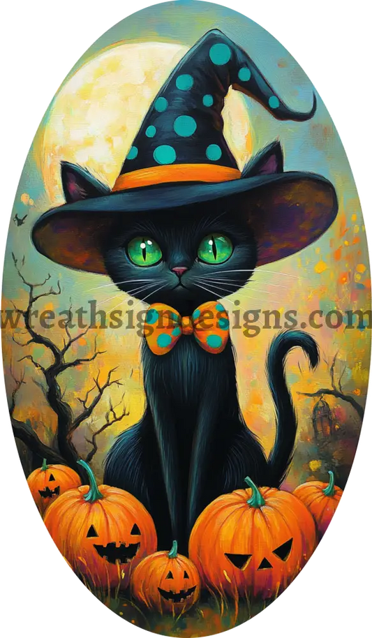 BLack cat and jack o lantern oval 7x12 OVal Metal Wreath Sign MS-1275