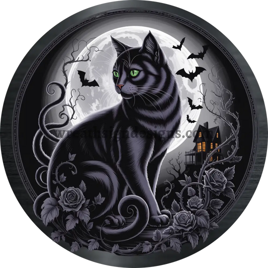 Black Cat and Roses Haunted House Halloween Wreath Metal Sign MS-1349 6’’