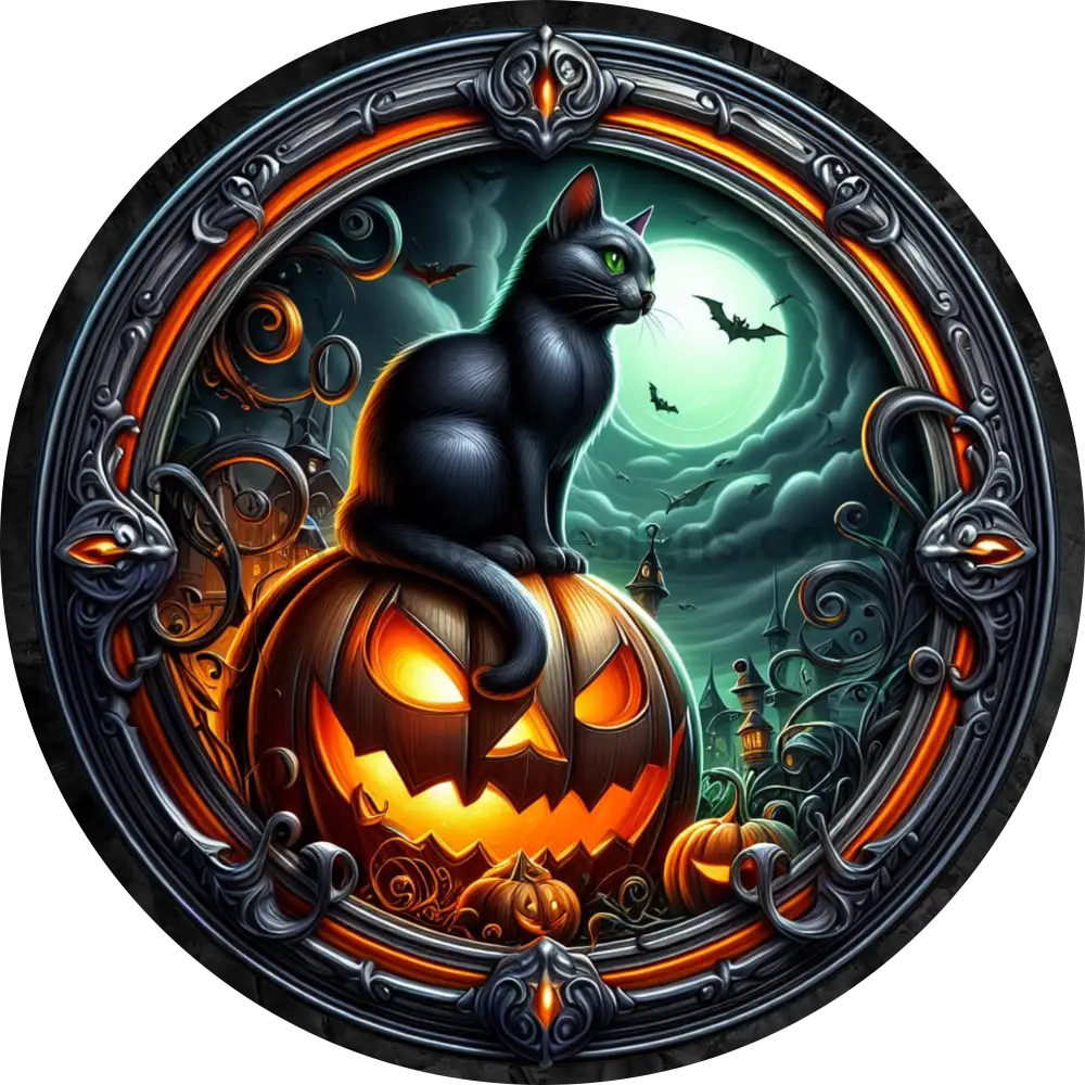 Black Cat & Jack O Lanterns- Halloween- Metal Sign 8”