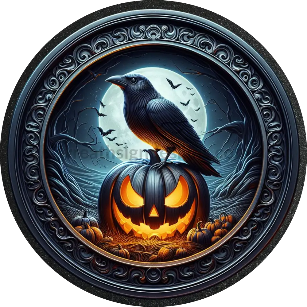 Black Crow And Halloween Jack O Lantern Halloween- Metal Sign 10”