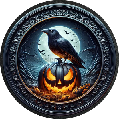 Black Crow And Halloween Jack O Lantern Halloween- Metal Sign 10”