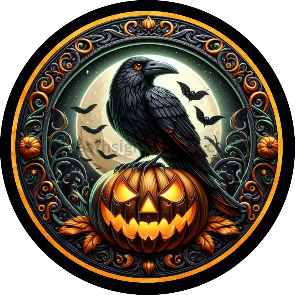 Black Crow And Jack O Lantern Halloween- Metal Sign 10”