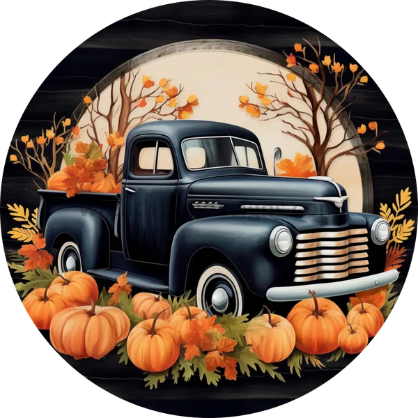 Black Vintage Pumpkin Truck Round Metal Wreath Sign 6