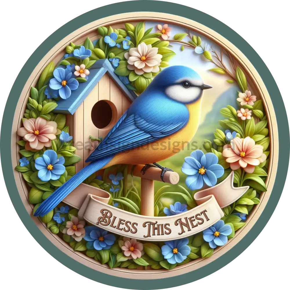 Bless This Nest Blue Bird Round Metal Wreath Sign 6