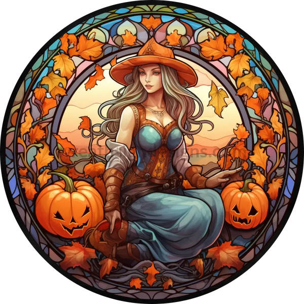 Blue And Orange Fall Pumpkin Witch Faux Stained Glass Metal Wreath Sign- Circle 8