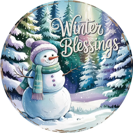 Blue and Pink Winter Blessings Snowman Metal Wreath sign MS-1593