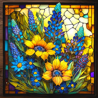 Blue Bonnets And Sunflowers Faux Stained Glass Metal Wreath Sign
