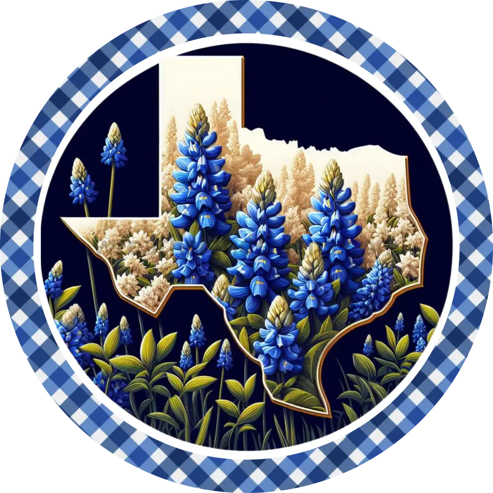 Blue Gingham Texas Bonnets Round Wreath Sign 6