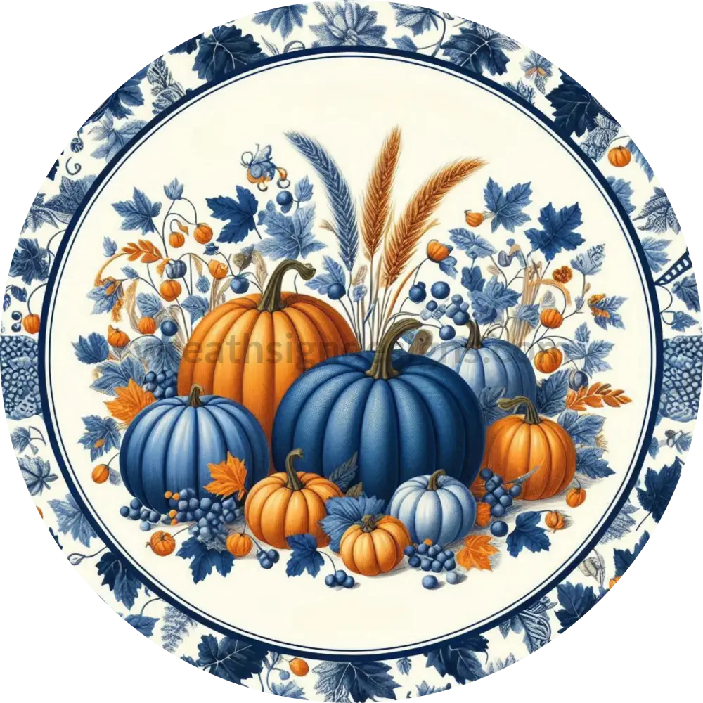 Blue & Orange Toile Pumpkins-Metal Wreath Sign (Copy) 6’