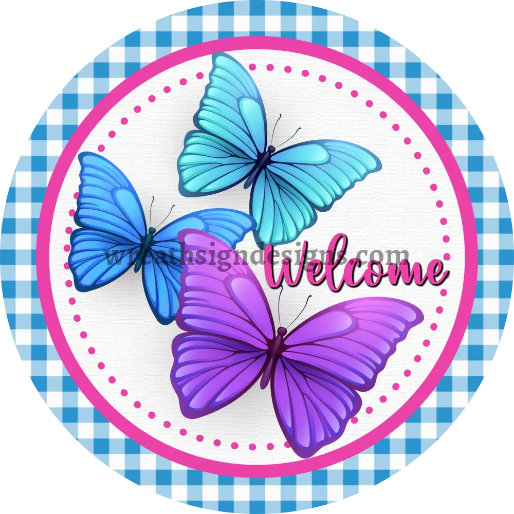 Blue Purple Butterflies With Gingham Metal Wreath Sign 6’’