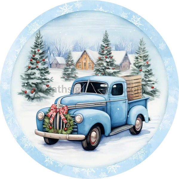 Blue Vintage Winter Truck -Circle - Metal Wreath Signs 6