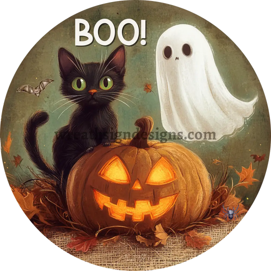 Boo Black Cat Pumpkin and Ghost Halloween Wreath Metal Sign -MS-1245