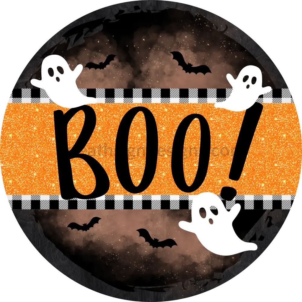 Boo Ghost Buffalo Plaid And Orange- Halloween- Metal Sign 8 Circle