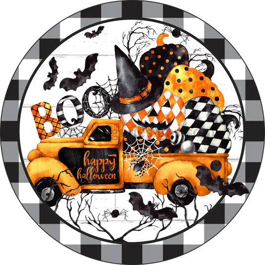 Boo Vintage Truck And Jack O Lantern Pumpkins- Halloween- Metal Sign 8 Circle