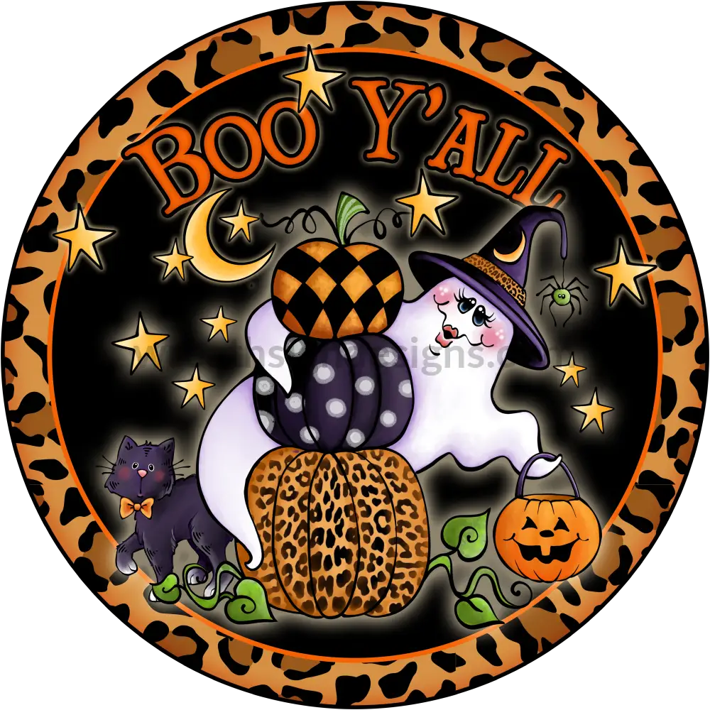 Boo Yall Leopard Ghost- Halloween Metal Sign (Laurie Furnell Designs) 8 Circle