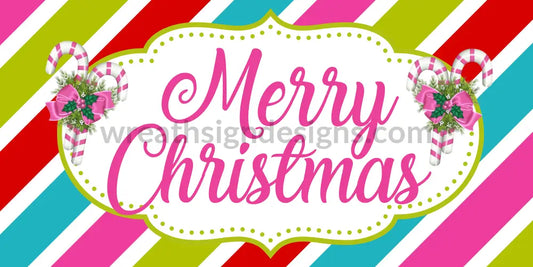 Bright Merry Christmas Candy Canes And Stripes 12X6 Metal Wreath Sign