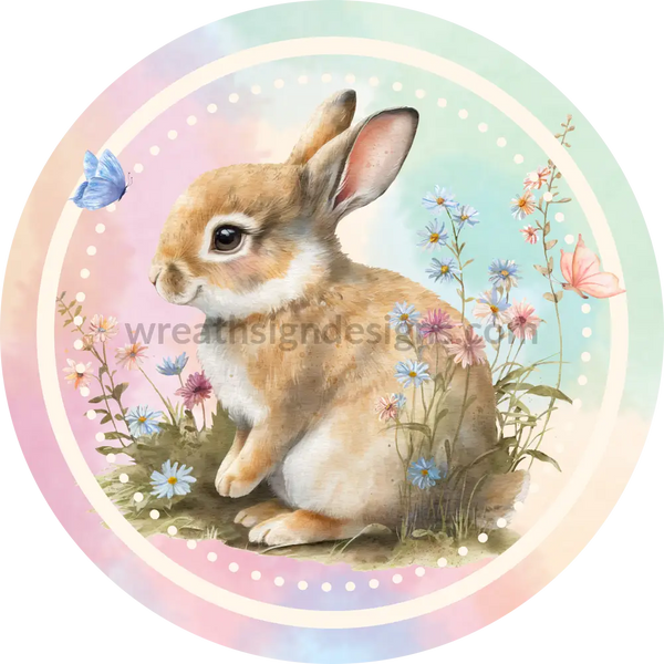 Bunny And Wildflowers Soft Watercolor- Round Metal Easter Wreath Sign 8