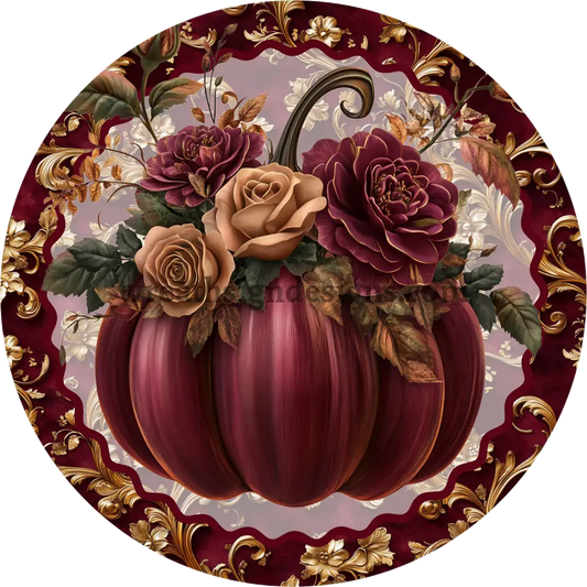 Burgundy and Gold Pumpkin -Metal Fall Wreath Sign MS-1473