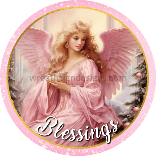 Cecilia Pink Christmas Angel Blessings Round Metal Wreath Sign 8 Decor