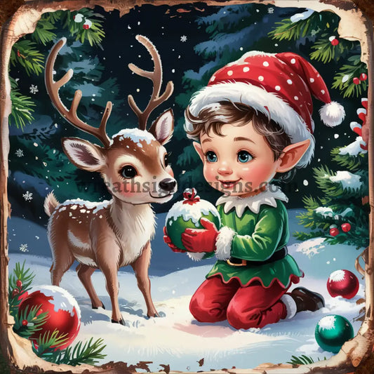 Christmas Elf and Winter Deer Metal Christmas Wreath Sign MS-1584