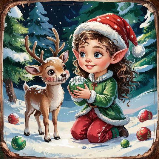 Christmas Elf and Winter Deer Metal Christmas Wreath Sign MS-1585