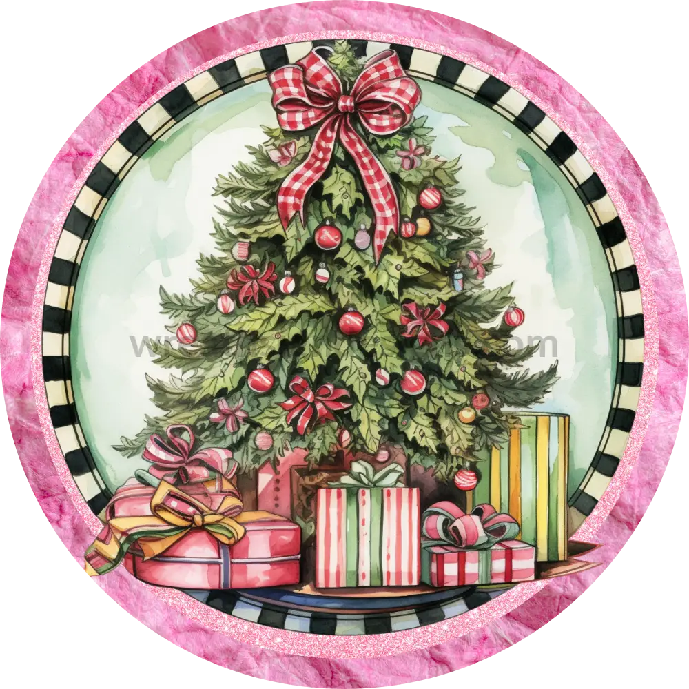 Christmas Tree With Pink And Black Round Wreath Sign 6