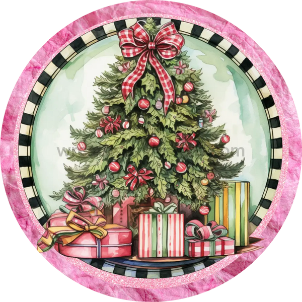 Christmas Tree With Pink And Black Round Wreath Sign 6