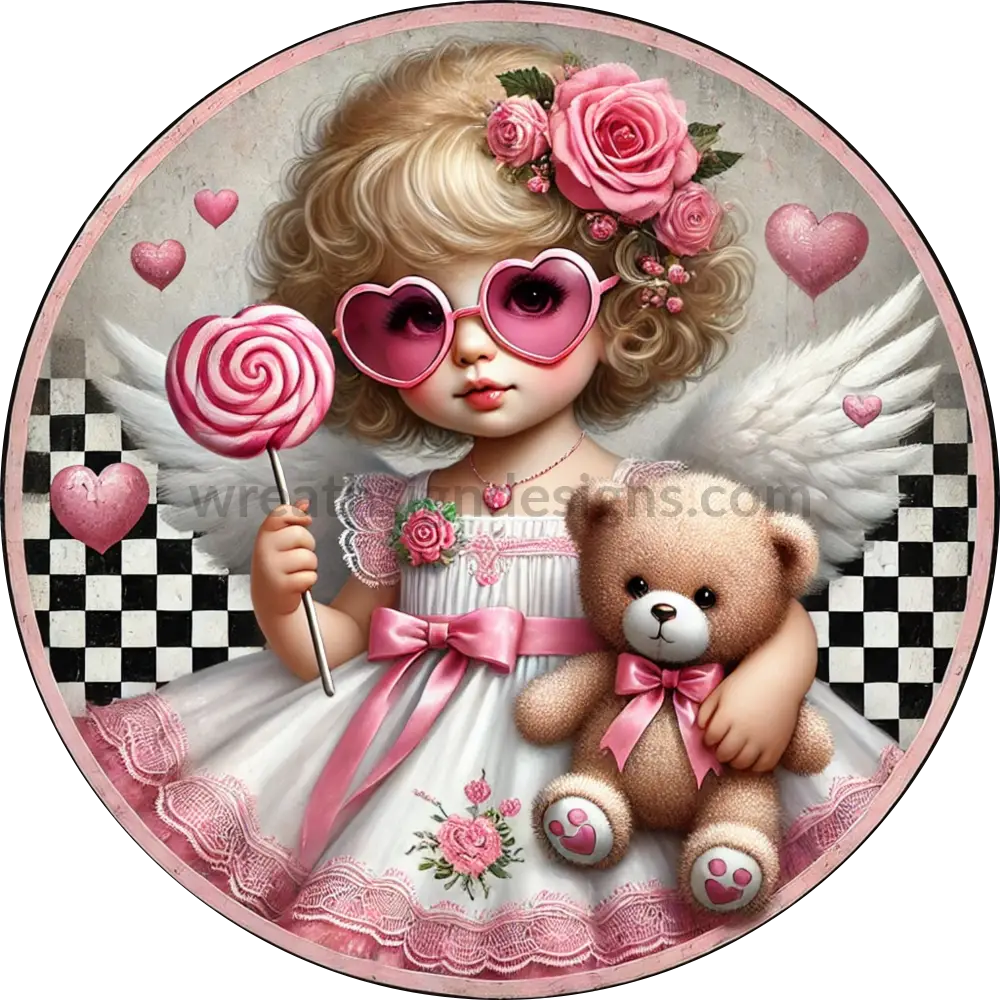 Cupid And Teddy Bear-Round Valentine Wreath Sign 10’’