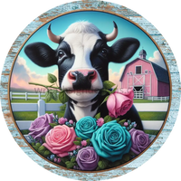 Cute Cow And Spring Roses- Round Metal Wreath Sign 6’