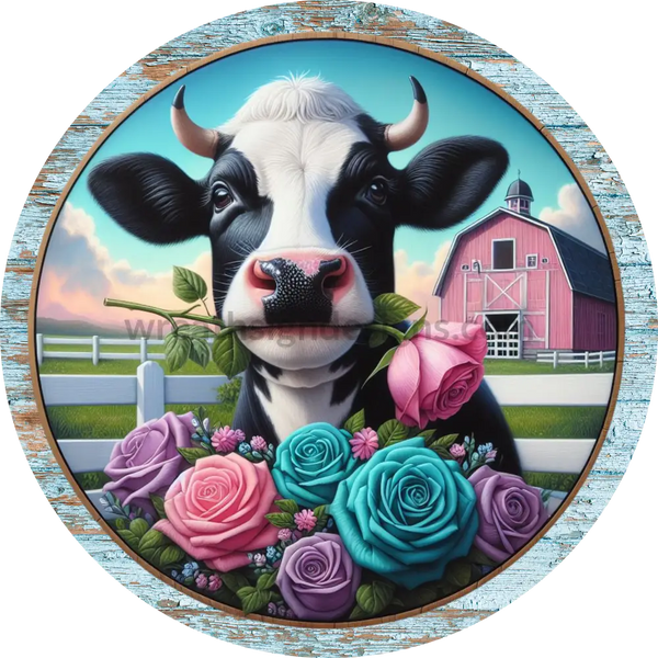 Cute Cow And Spring Roses- Round Metal Wreath Sign 6’