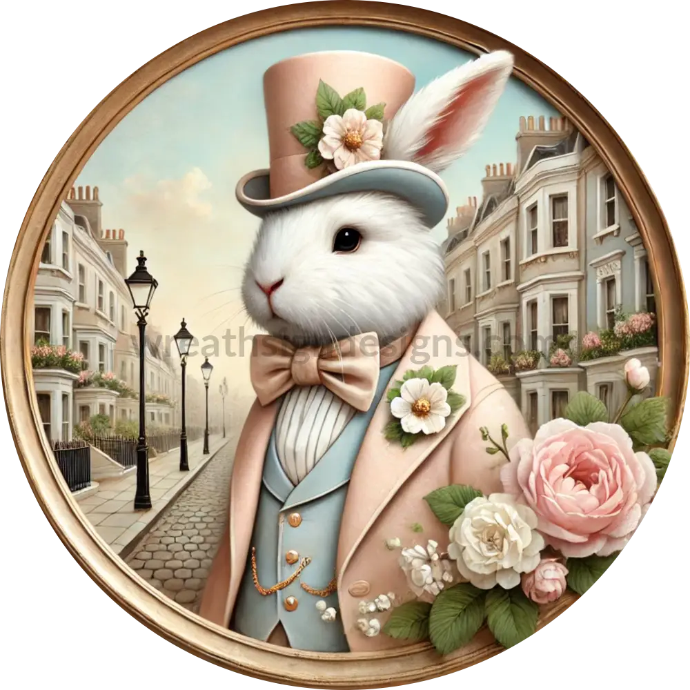 Dandyish Regency Era Rose Gold Bunny And Roses Metal Wreath Sign 8’’