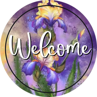 Dark Iris Welcome - Wreath Metal Sign 8 Circle