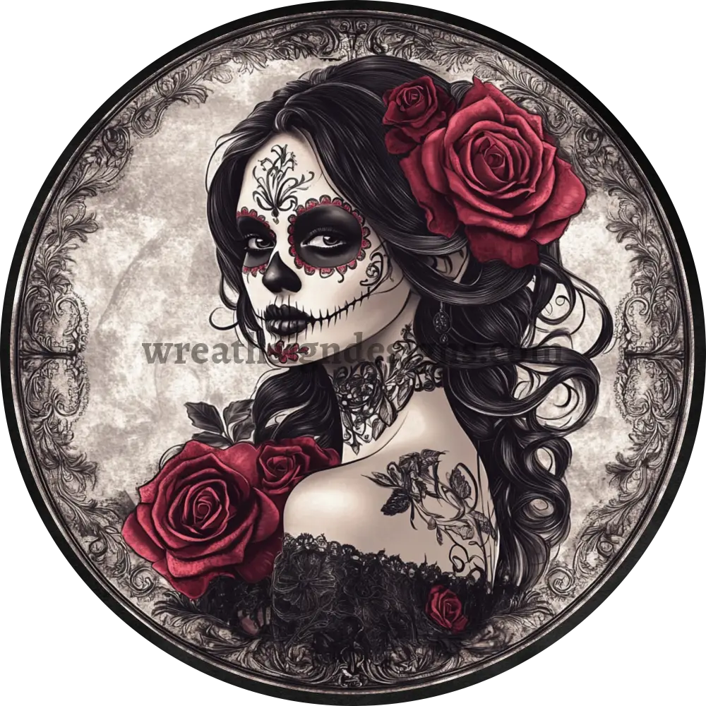 dio de los muertos Black and Red roses Halloween Wreath Sign Metal MS-1359 6’’