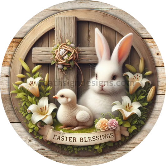 Easter Blessings Bunny And Chick At The Cross With Lilies Metal Wreath Sign 6