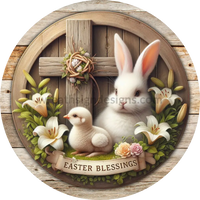 Easter Blessings Bunny And Chick At The Cross With Lilies Metal Wreath Sign 6