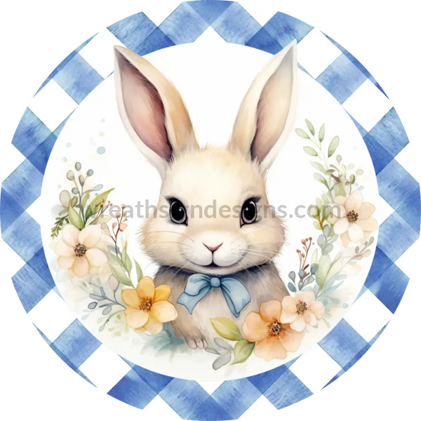 Easter Bunny Blue Gingham- Round Metal Wreath Sign