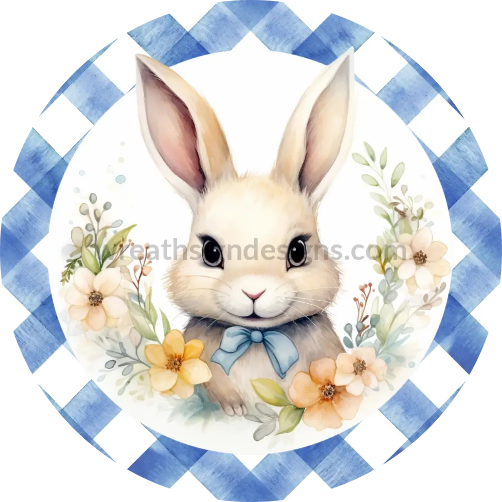 Easter Bunny Blue Gingham- Round Metal Wreath Sign 6